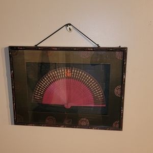 Vintage Asian Silk/WOODEN HAND FAN GOLD LEAVES LETTERS 17 1/2×24